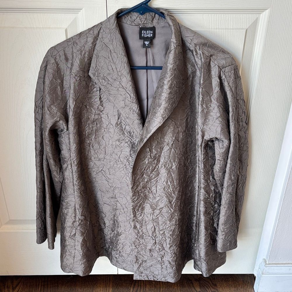 Eileen Fisher Women's Textured crinkle 100% silk Taupe metallic Blazer jacket SM